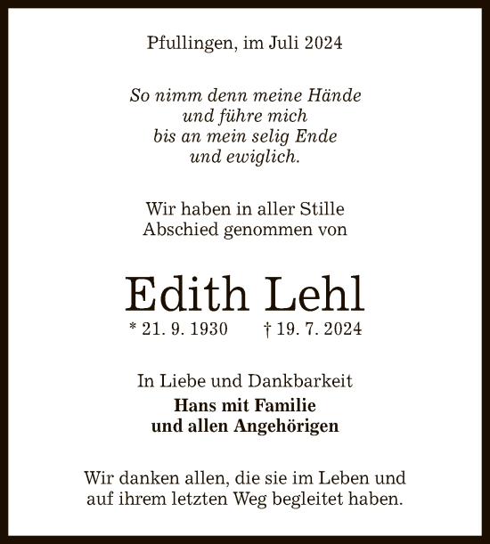 Anzeige von Edith Lehl von Reutlinger General-Anzeiger