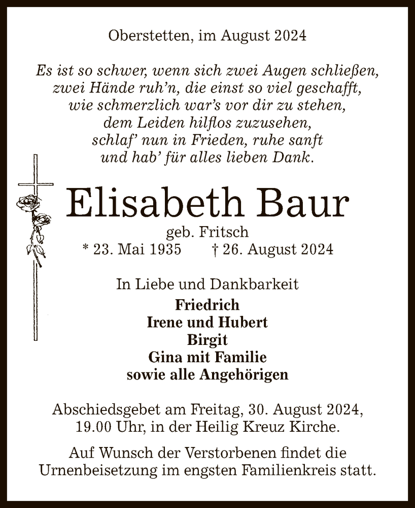  Traueranzeige für Elisabeth Baur vom 29.08.2024 aus Reutlinger General-Anzeiger