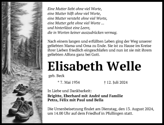 Anzeige von Elisabeth Welle von Reutlinger General-Anzeiger