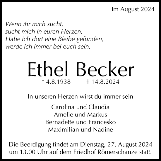 Anzeige von Ethel Becker von Reutlinger General-Anzeiger