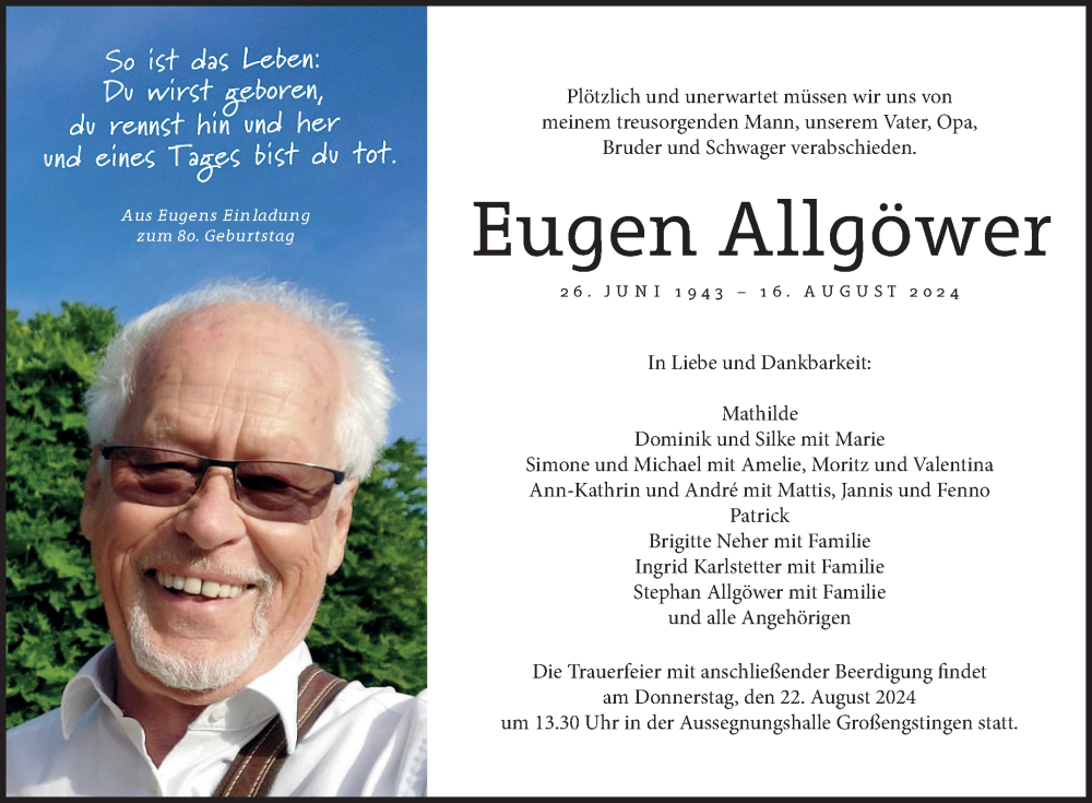  Traueranzeige für Eugen Allgöwer vom 17.08.2024 aus Reutlinger General-Anzeiger