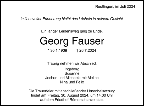 Anzeige von Georg Fauser von Reutlinger General-Anzeiger