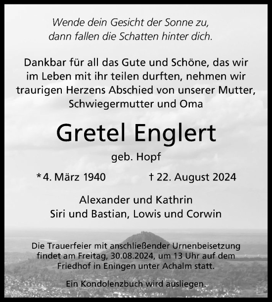 Anzeige von Gretel Englert von Reutlinger General-Anzeiger