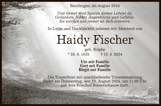 Anzeige von Haidy Fischer von Reutlinger General-Anzeiger