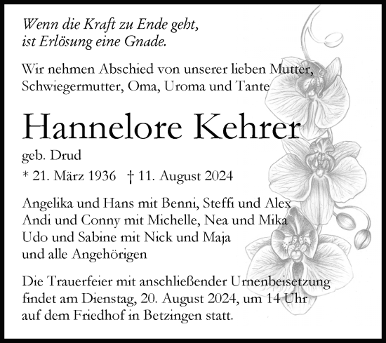 Anzeige von Hannelore Kehrer von Reutlinger General-Anzeiger