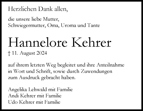 Anzeige von Hannelore Kehrer von Reutlinger General-Anzeiger