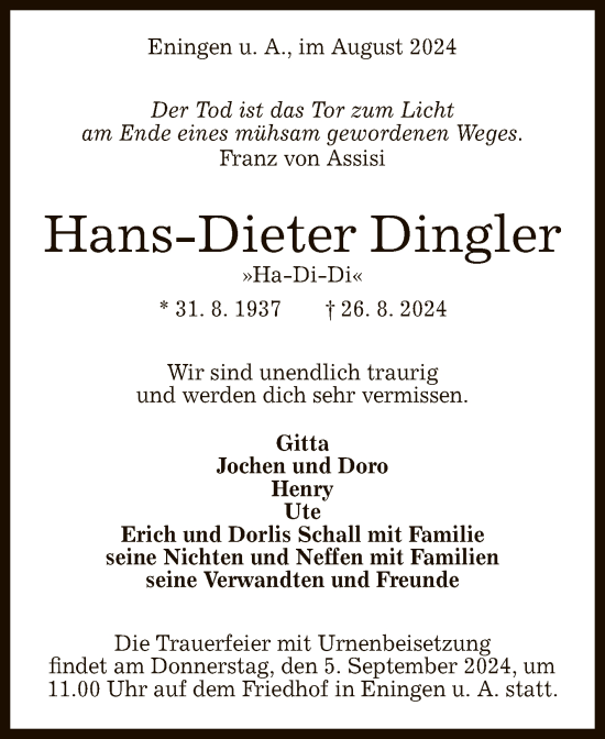 Anzeige von Hans-Dieter Dingler von Reutlinger General-Anzeiger