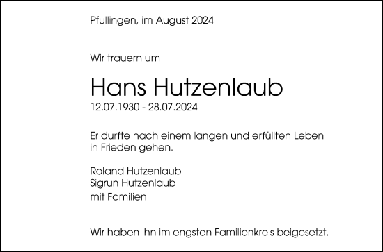 Anzeige von Hans Hutzenlaub von Reutlinger General-Anzeiger