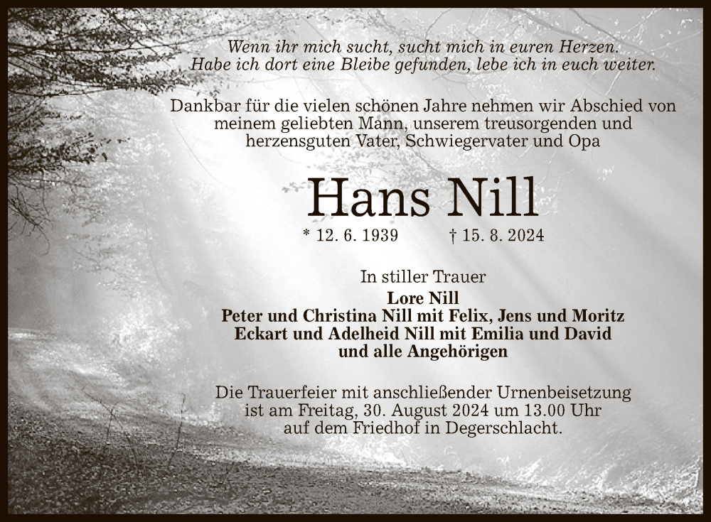  Traueranzeige für Hans Nill vom 24.08.2024 aus Reutlinger General-Anzeiger