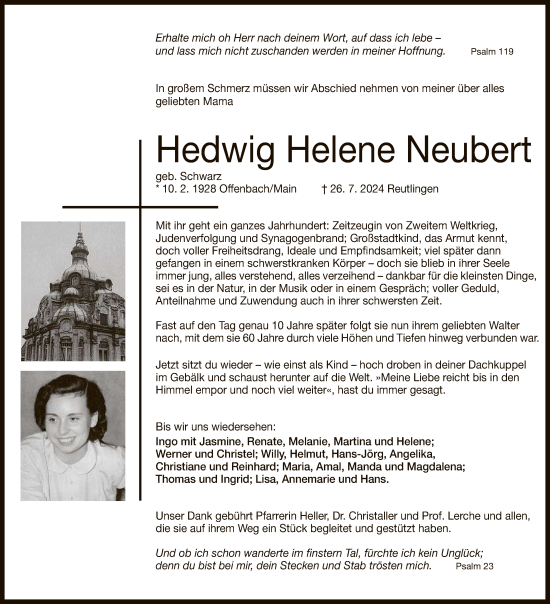 Anzeige von Hedwig  Neubert von Reutlinger General-Anzeiger