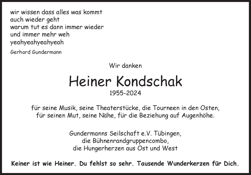  Traueranzeige für Heiner Kondschak vom 20.08.2024 aus Reutlinger General-Anzeiger