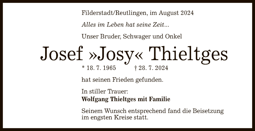  Traueranzeige für Josef Thieltges vom 17.08.2024 aus Reutlinger General-Anzeiger