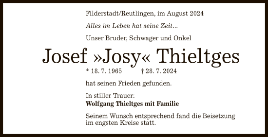 Anzeige von Josef Thieltges von Reutlinger General-Anzeiger