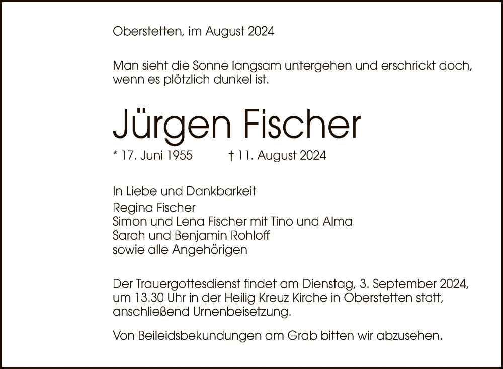  Traueranzeige für Jürgen Fischer vom 24.08.2024 aus Reutlinger General-Anzeiger