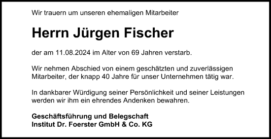 Anzeige von Jürgen Fischer von Reutlinger General-Anzeiger