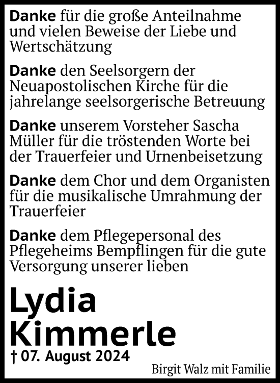 Anzeige von Lydia Kimmerle von Reutlinger General-Anzeiger