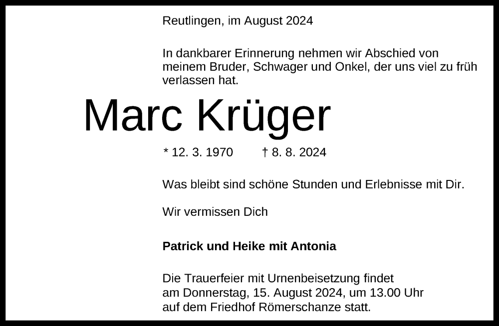  Traueranzeige für Marc Krüger vom 13.08.2024 aus Reutlinger General-Anzeiger