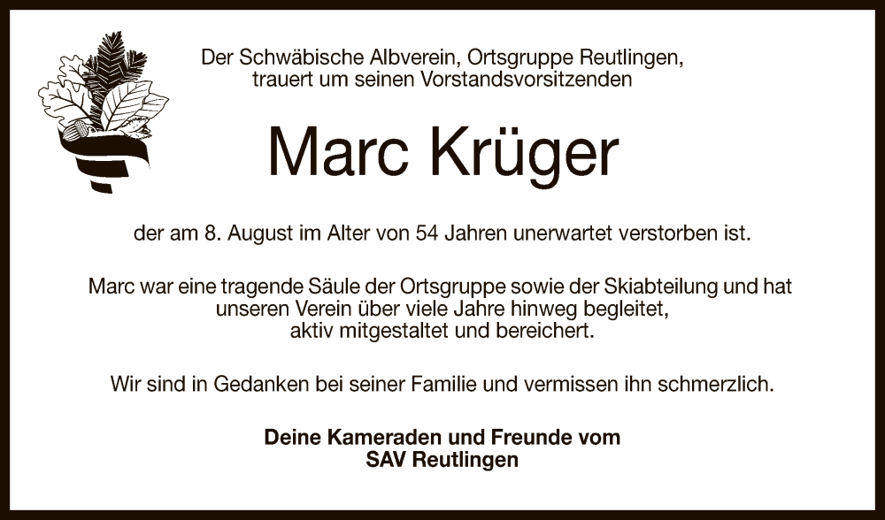  Traueranzeige für Marc Krüger vom 13.08.2024 aus Reutlinger General-Anzeiger