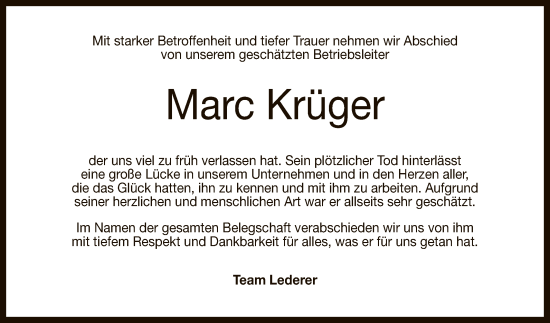 Anzeige von Marc Krüger von Reutlinger General-Anzeiger