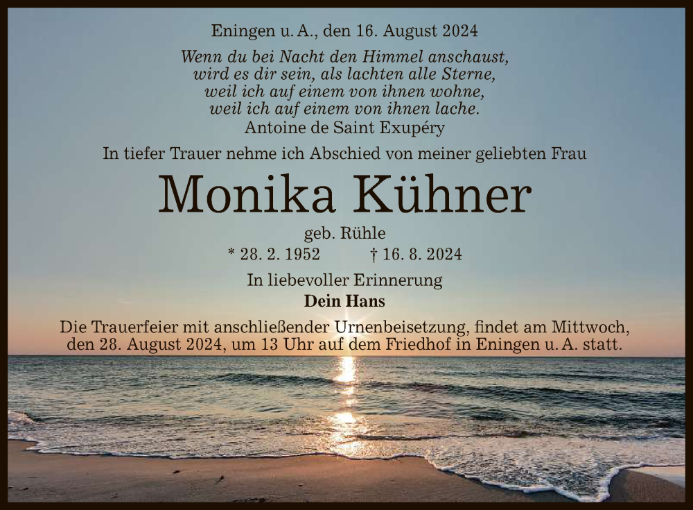  Traueranzeige für Monika Kühner vom 24.08.2024 aus Reutlinger General-Anzeiger