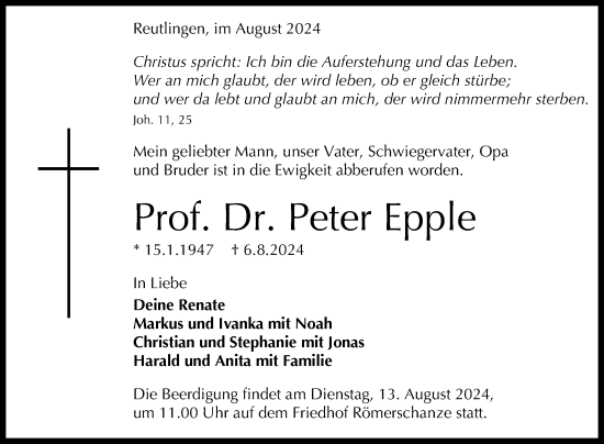 Anzeige von Peter Epple von Reutlinger General-Anzeiger