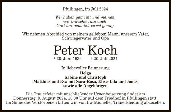 Anzeige von Peter Koch von Reutlinger General-Anzeiger