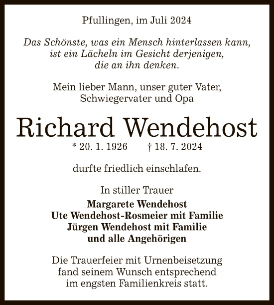 Anzeige von Richard Wendehost von Reutlinger General-Anzeiger