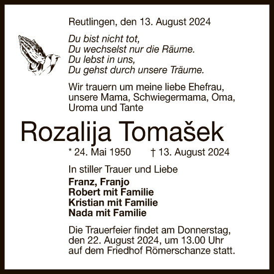 Anzeige von Rozalija Tomasek von Reutlinger General-Anzeiger