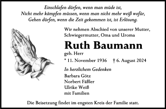 Anzeige von Ruth Baumann von Reutlinger General-Anzeiger