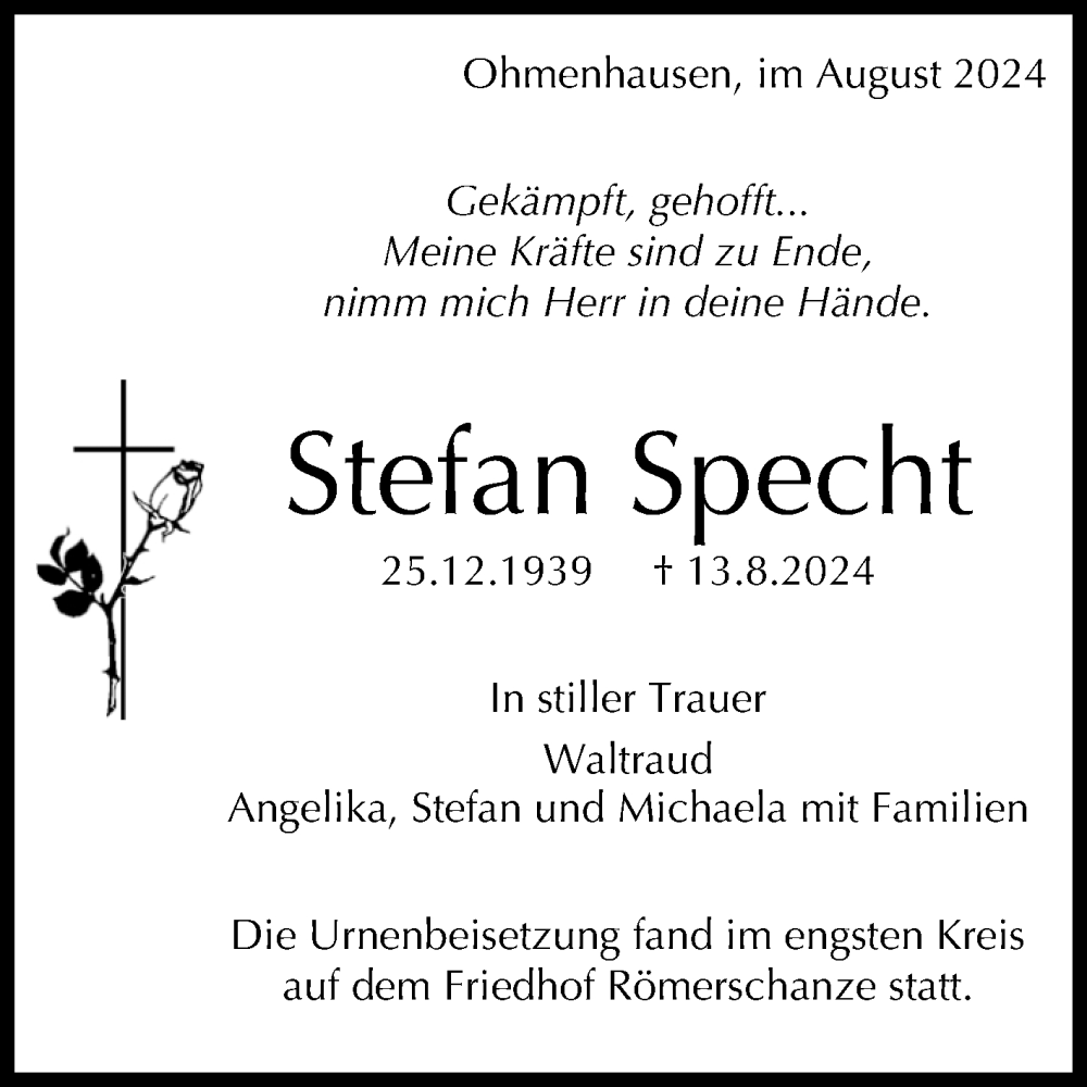  Traueranzeige für Stefan Specht vom 31.08.2024 aus Reutlinger General-Anzeiger