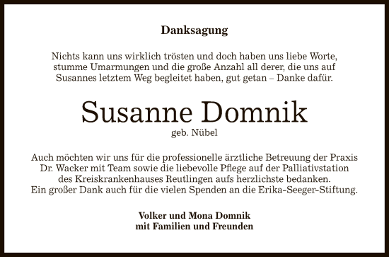 Anzeige von Susanne Domnik von Reutlinger General-Anzeiger