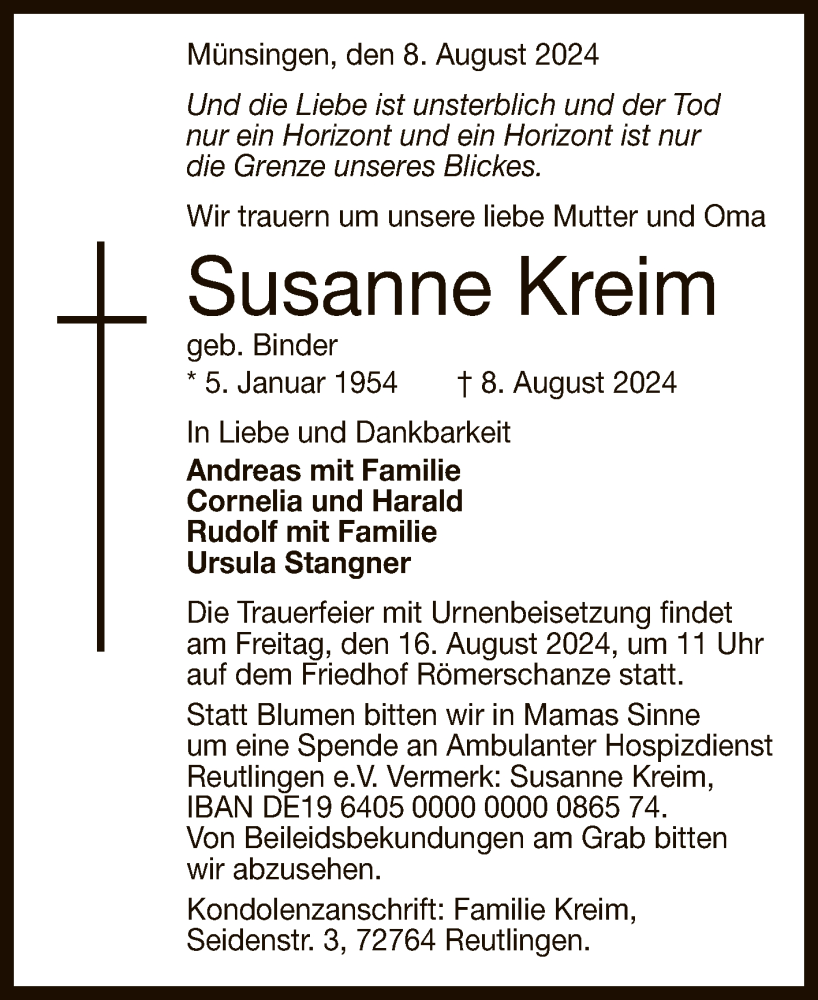  Traueranzeige für Susanne Kreim vom 10.08.2024 aus Reutlinger General-Anzeiger