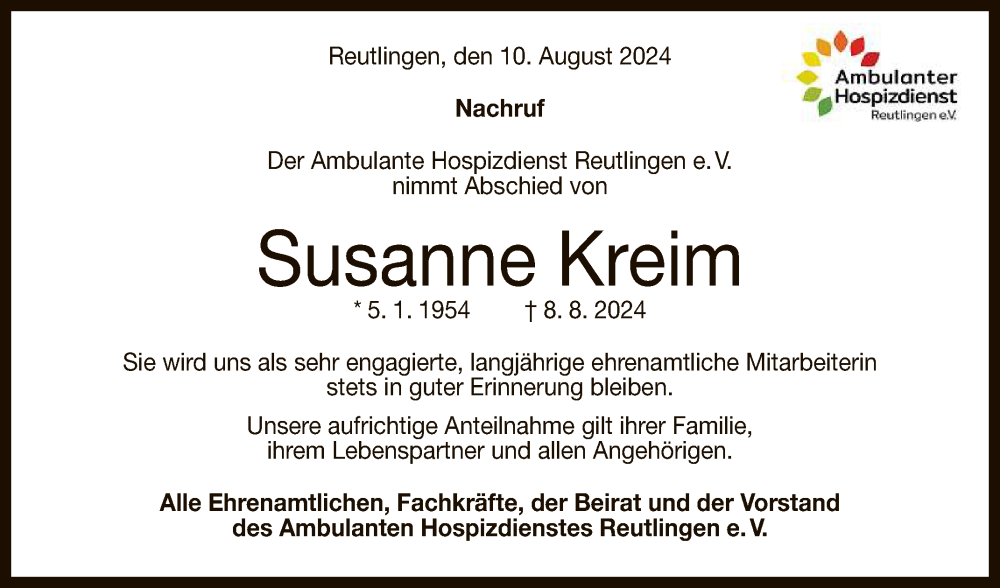  Traueranzeige für Susanne Kreim vom 10.08.2024 aus Reutlinger General-Anzeiger