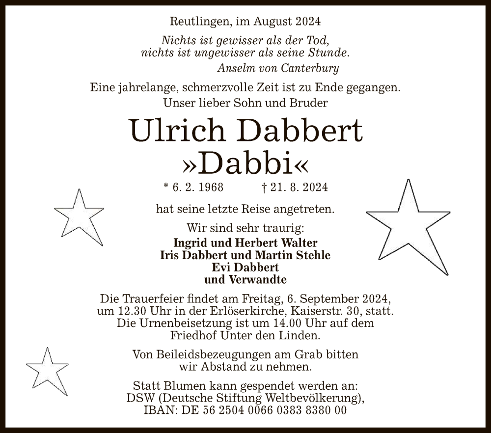  Traueranzeige für Ulrich Dabbert vom 27.08.2024 aus Reutlinger General-Anzeiger