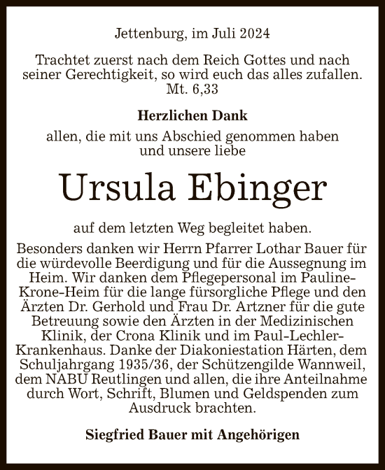 Anzeige von Ursula Ebinger von Reutlinger General-Anzeiger