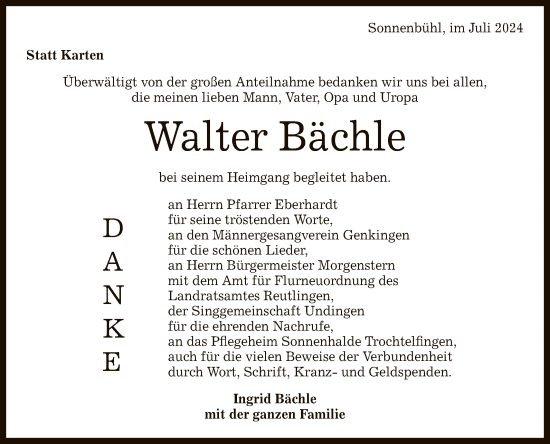 Anzeige von Walter Bächle von Reutlinger General-Anzeiger