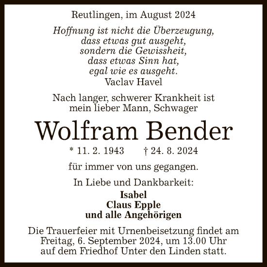 Anzeige von Wolfram Bender von Reutlinger General-Anzeiger