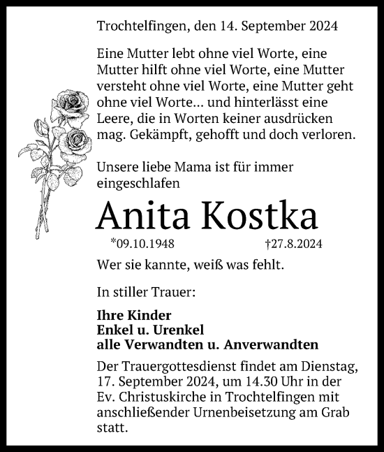 Anzeige von Anita Kostka von Reutlinger General-Anzeiger