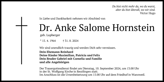 Anzeige von Anke Salome Hornstein von Reutlinger General-Anzeiger