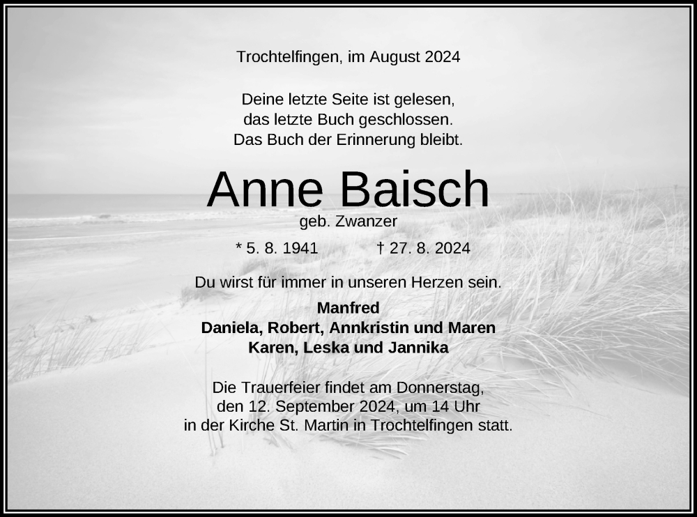  Traueranzeige für Anne Baisch vom 04.09.2024 aus Reutlinger General-Anzeiger