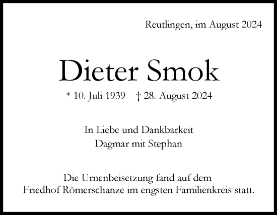 Anzeige von Dieter Smok von Reutlinger General-Anzeiger