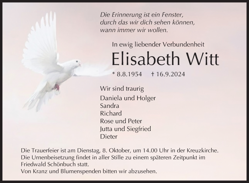  Traueranzeige für Elisabeth Witt vom 28.09.2024 aus Reutlinger General-Anzeiger