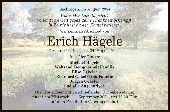 Anzeige von Erich Hägele von Reutlinger General-Anzeiger