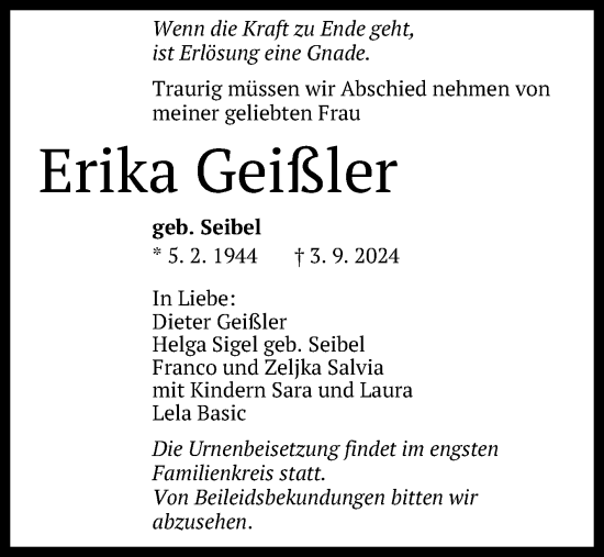 Anzeige von Erika Geißler von Reutlinger General-Anzeiger