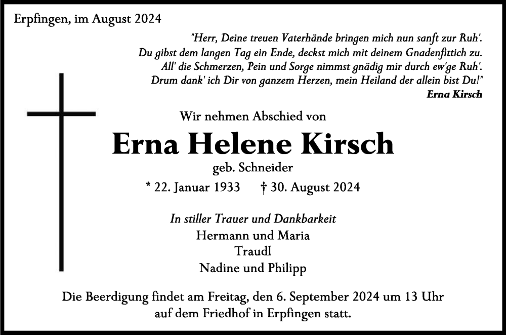  Traueranzeige für Erna Helene Kirsch vom 04.09.2024 aus Reutlinger General-Anzeiger