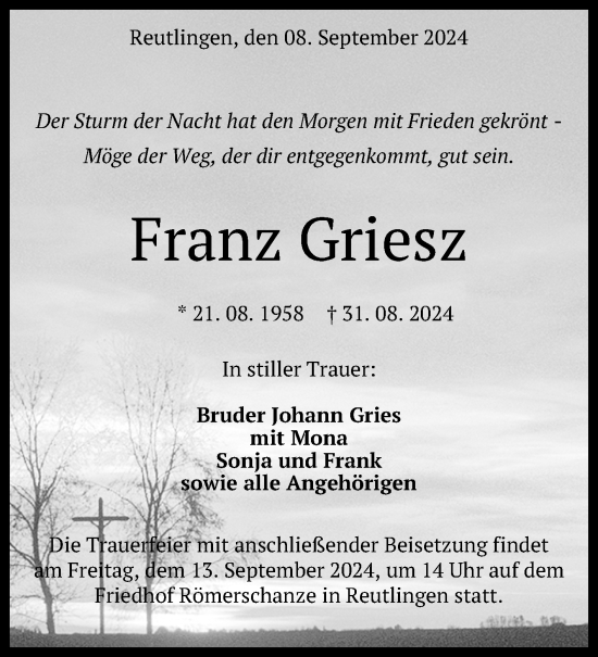 Anzeige von Franz Griesz von Reutlinger General-Anzeiger