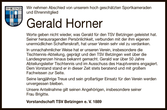 Anzeige von Gerald Horner von Reutlinger General-Anzeiger