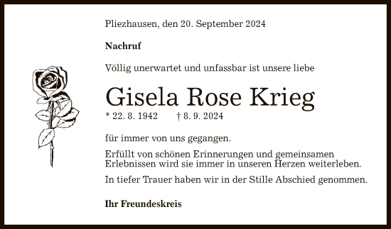 Anzeige von Gisela Rose Krieg von Reutlinger General-Anzeiger