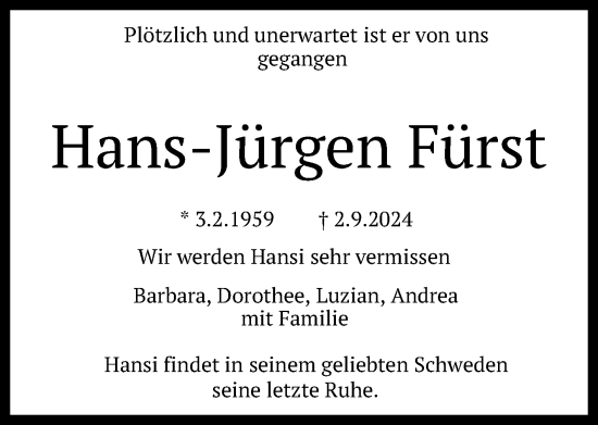 Anzeige von Hans-Jürgen Fürst von Reutlinger General-Anzeiger