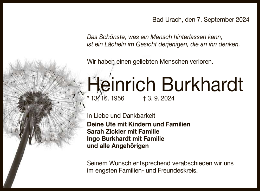  Traueranzeige für Heinrich Burkhardt vom 07.09.2024 aus Reutlinger General-Anzeiger